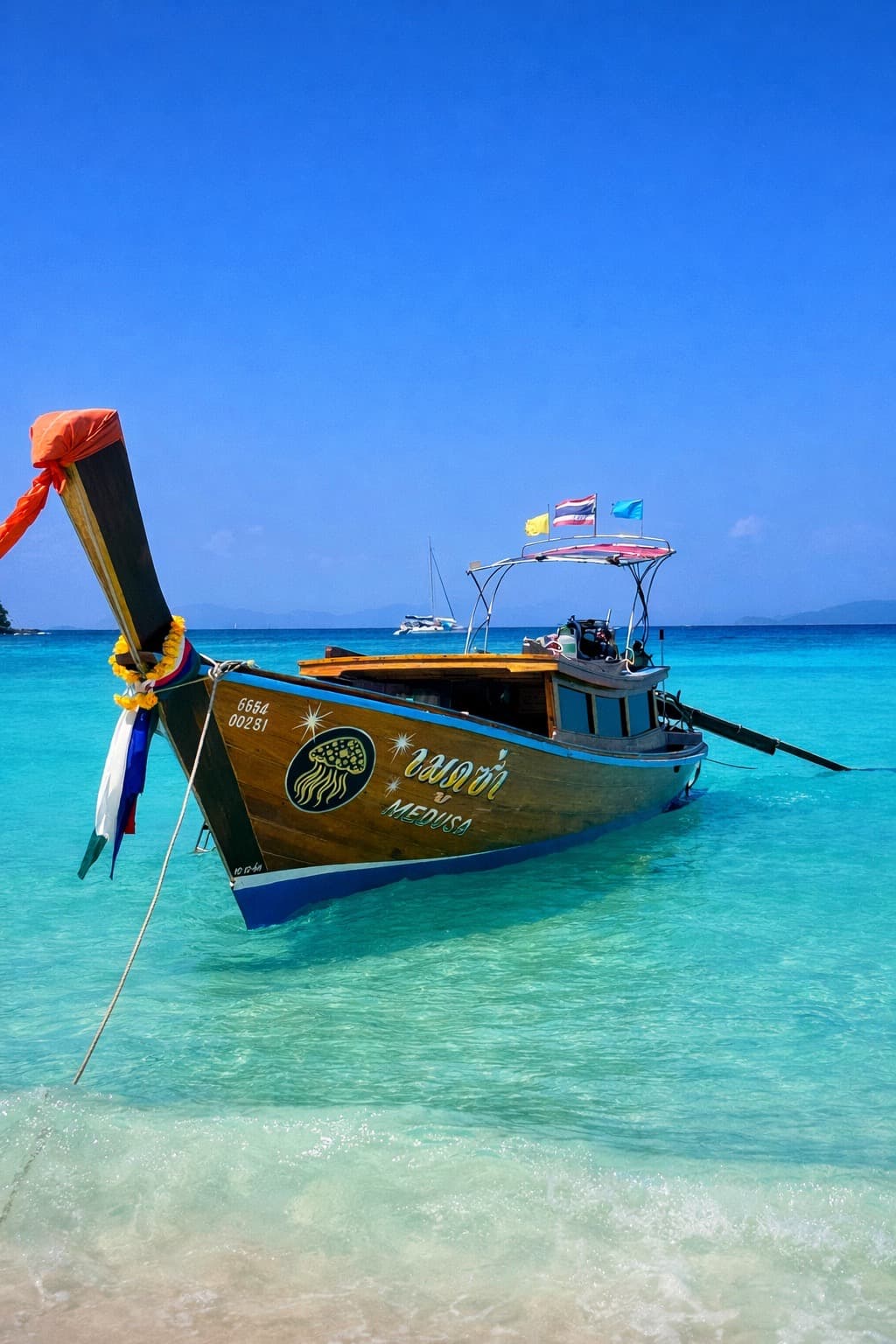 Medusa private longtail boat floating in clear turquoise water